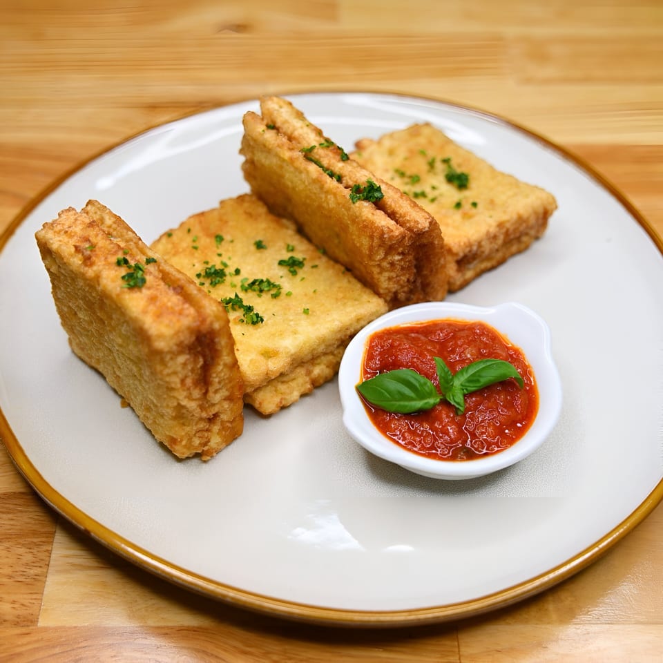 Fried Italian cheese sandwiches, garnished with parsley, served with a side of marinara sauce and basil.