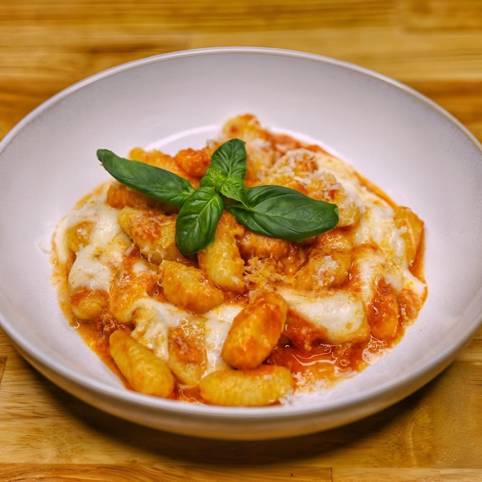 Nonna Dora Italian Eatery's gnocchi with red sauce, melted mozzarella, and fresh basil on a white plate.