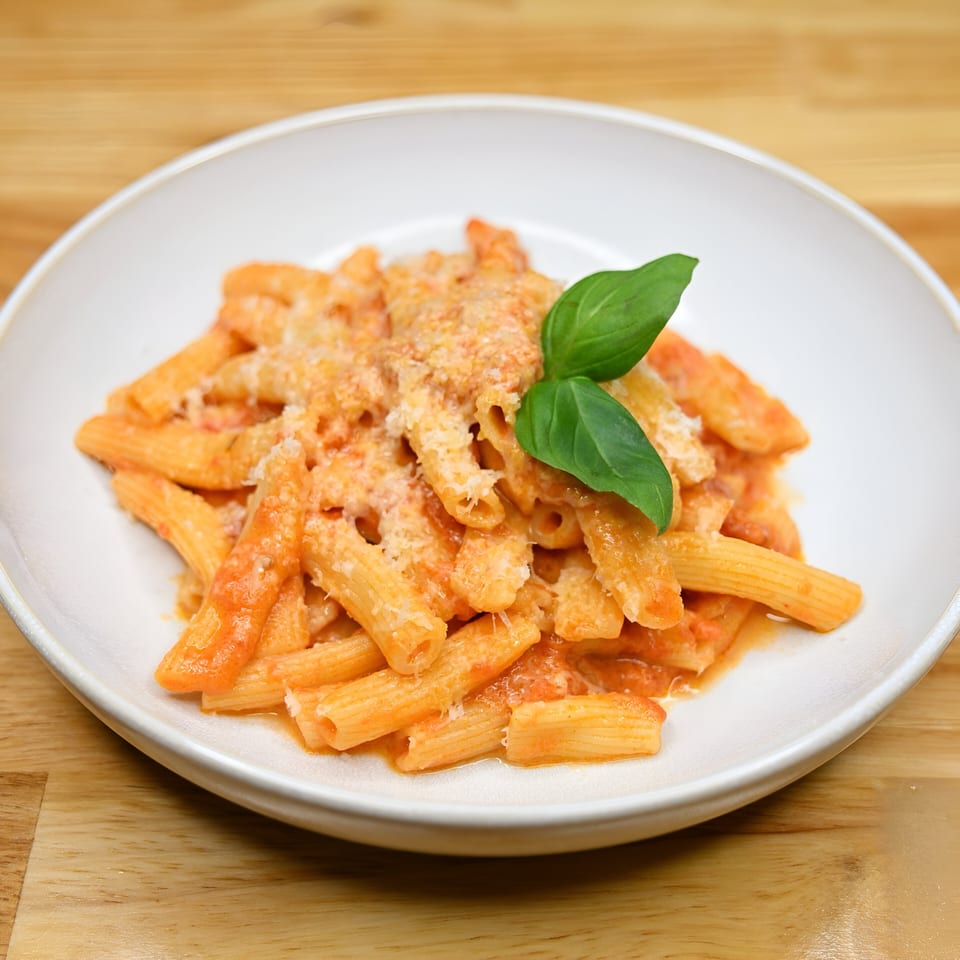 Penne pasta with creamy tomato sauce, parmesan cheese, and a fresh basil leaf on a white plate.