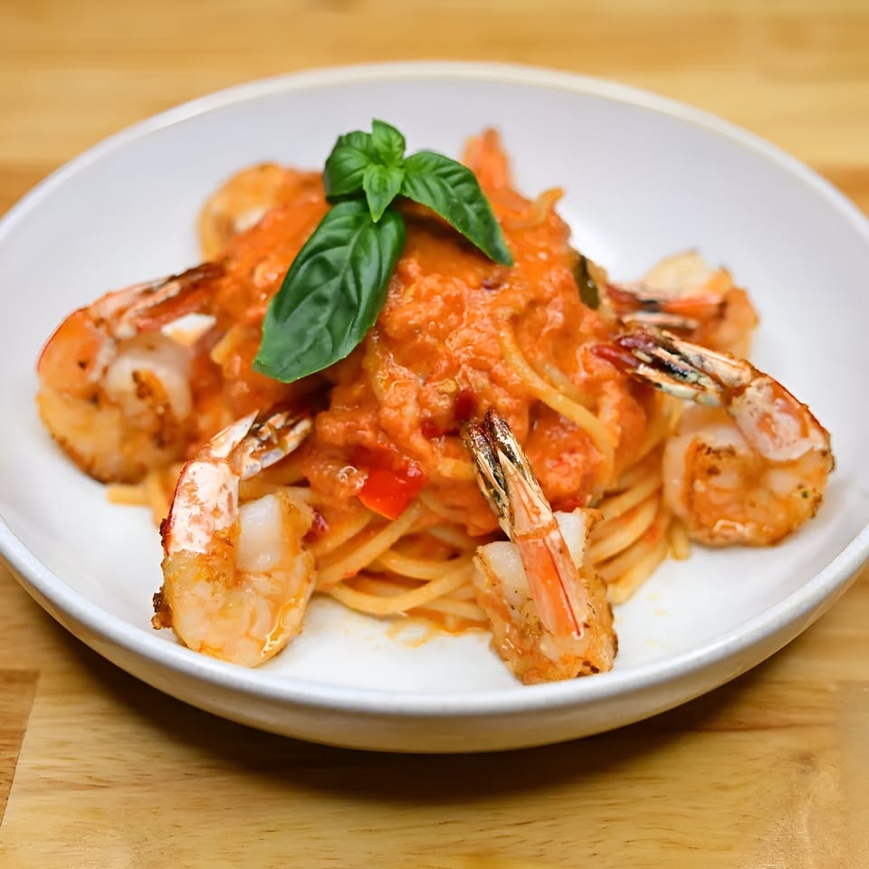 Nonna Dora's shrimp spaghetti with creamy tomato sauce and fresh basil in a white bowl.