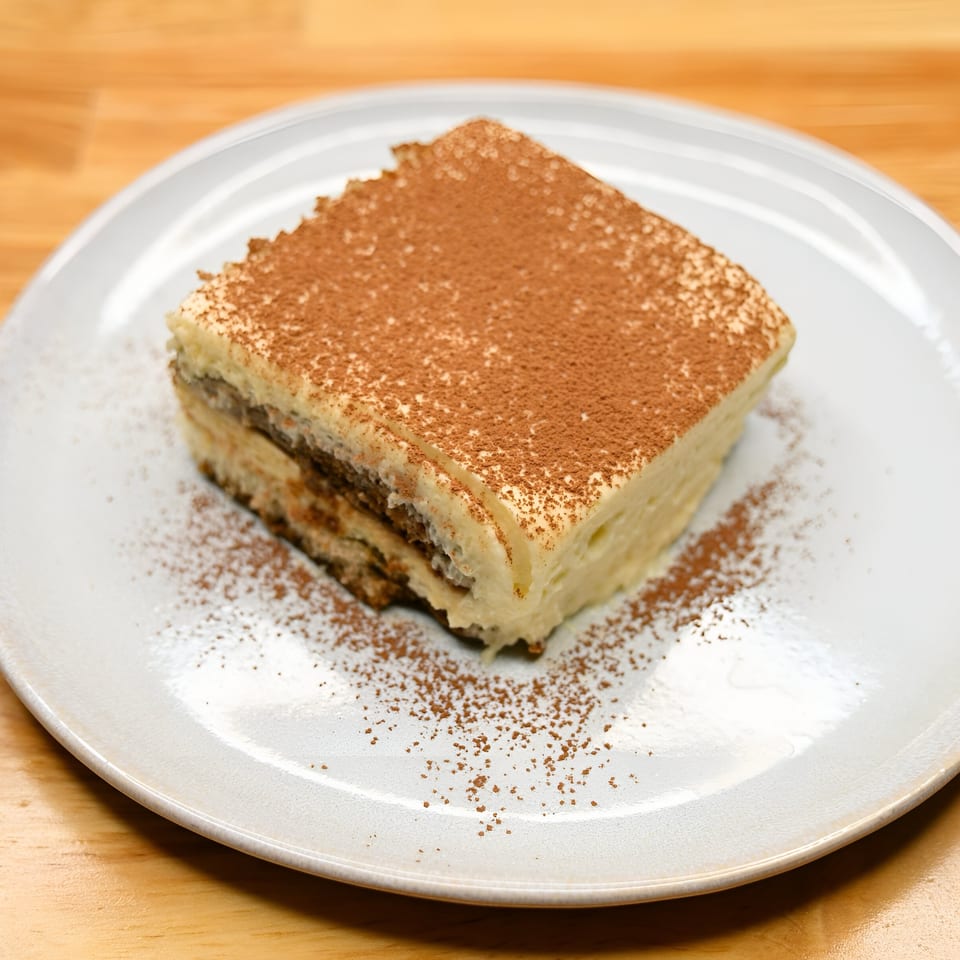 A slice of Nonna Dora's tiramisu, dusted with cocoa powder, on a white plate.